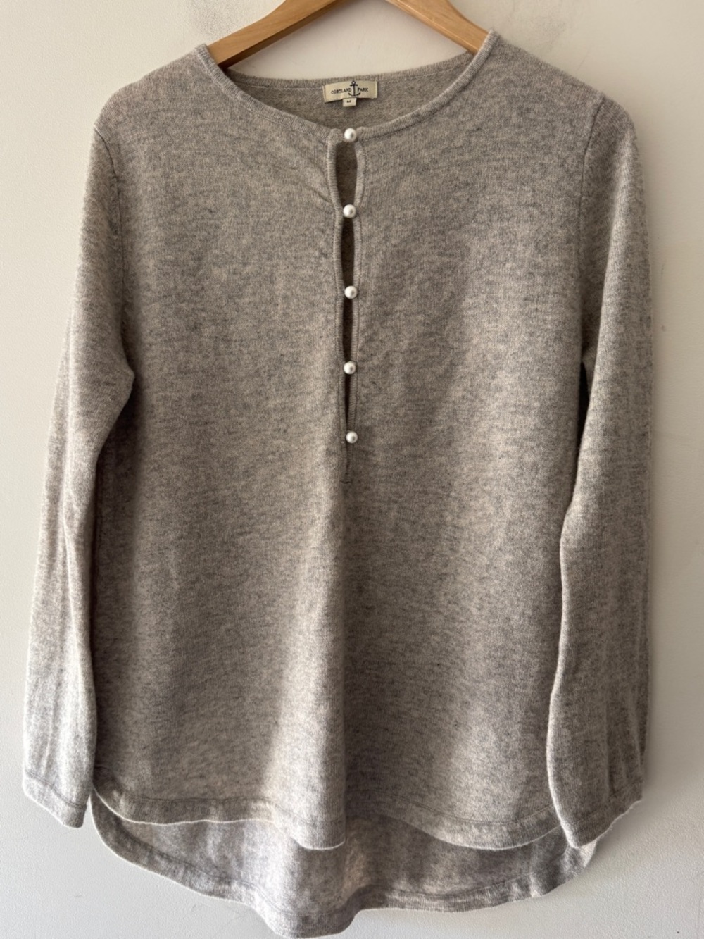 Cortland Park 100% Cashmere Gray Pearl Detail Sweater